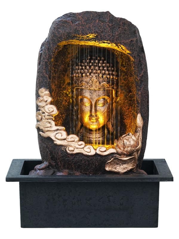 INDIANA CRAFT Polyresin Tabletop Gold Brown Meditating Buddha Sitting in Cave Style Indoor Front Curtain Water Fountain for Home Decor with LED Light Speed Controller Pump Size 40 x 22 x 295CM