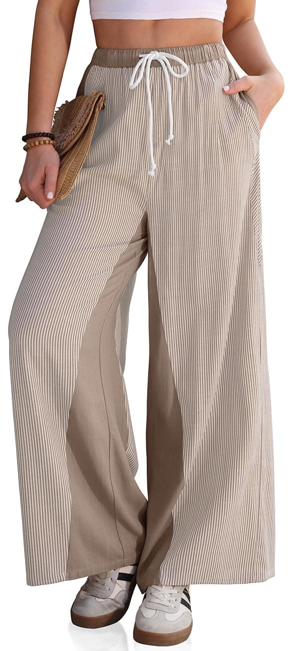 TARSE Women’s Linen Wide Leg Pants Striped Drawstring Elastic Waist Loose Fit Summer Boho Casual Trendy Pants with Pockets(Lightbrown, XL)