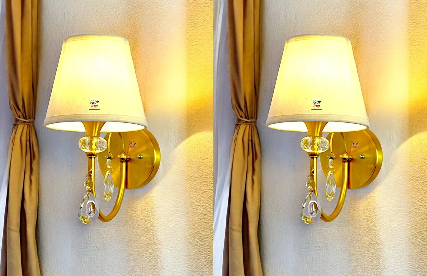 Prop It Up American Style Gold Finished Modern Design Wall Mounted Up Dawn Both Side Light Illumination Led Night Lamp Light with Febric Shade with Crystal for Single Bulb Suitable for Bed Side (2)
