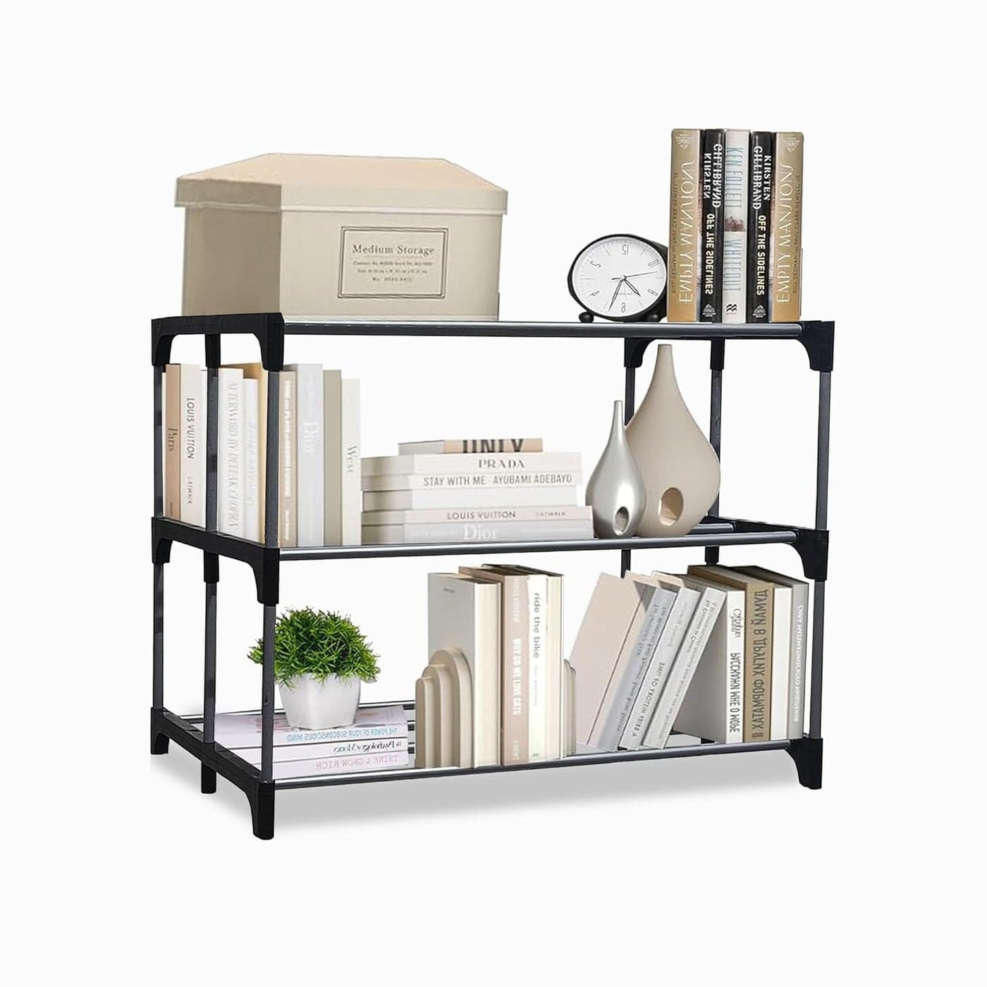 PHILOSHOP 3 Tier Metal Book Shelf Tall Narrow Storage Rack for Kids and Adults Modern Bookshelf Unit for Nursery School Home and Office