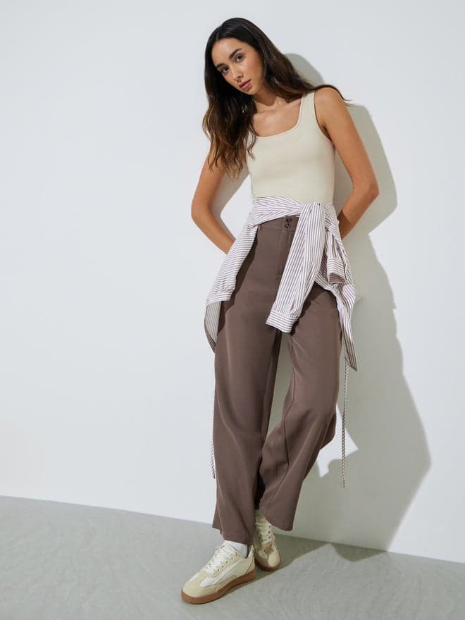 Styli Brown Mid Rise Straight Leg Pants