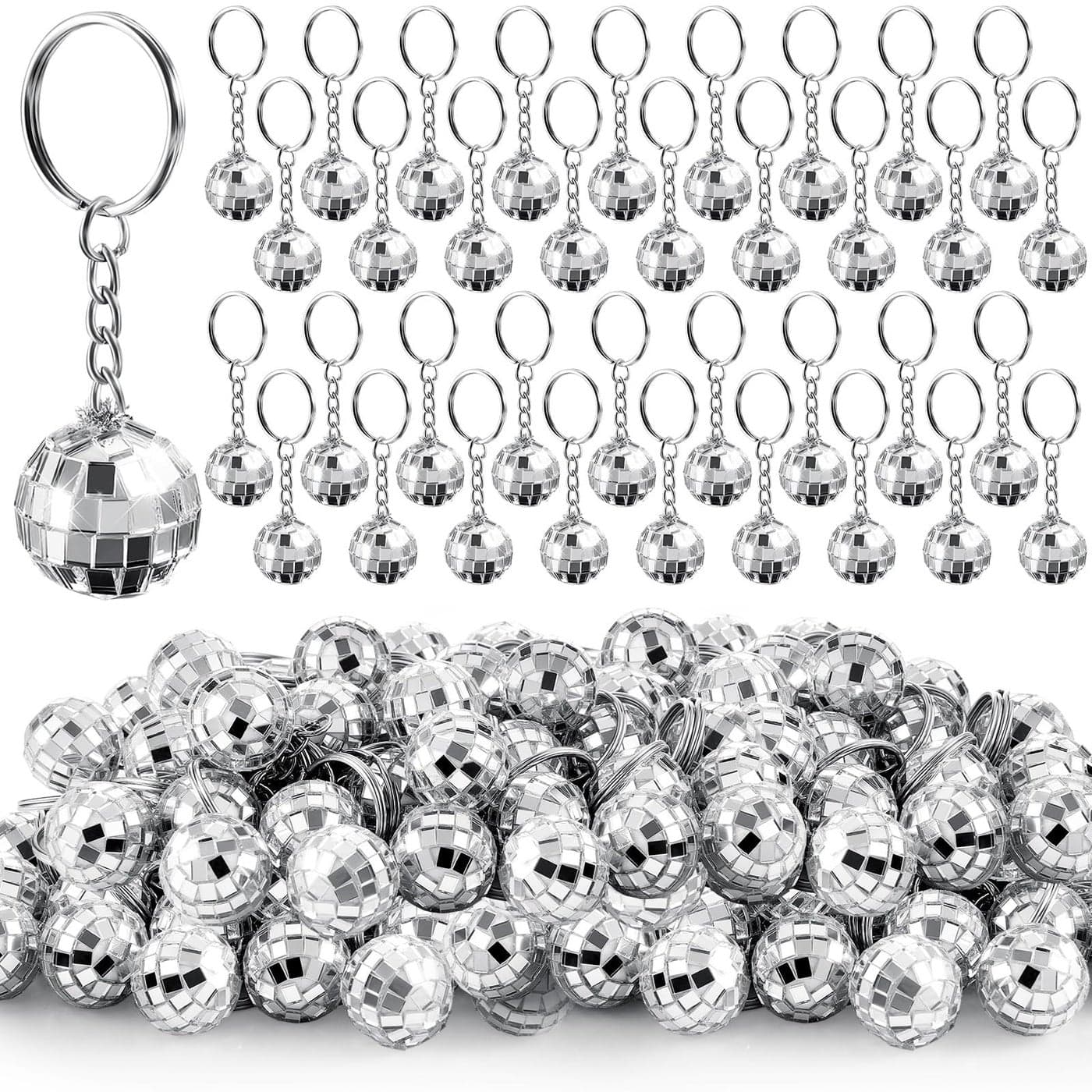 96 Pcs Mini Disco Ball Keychains Bulk Silver Mirror Disco Ball Party Favors 70s 80s 90s for Party Halloween Christmas New Year Decorations08 Inch in Diameter