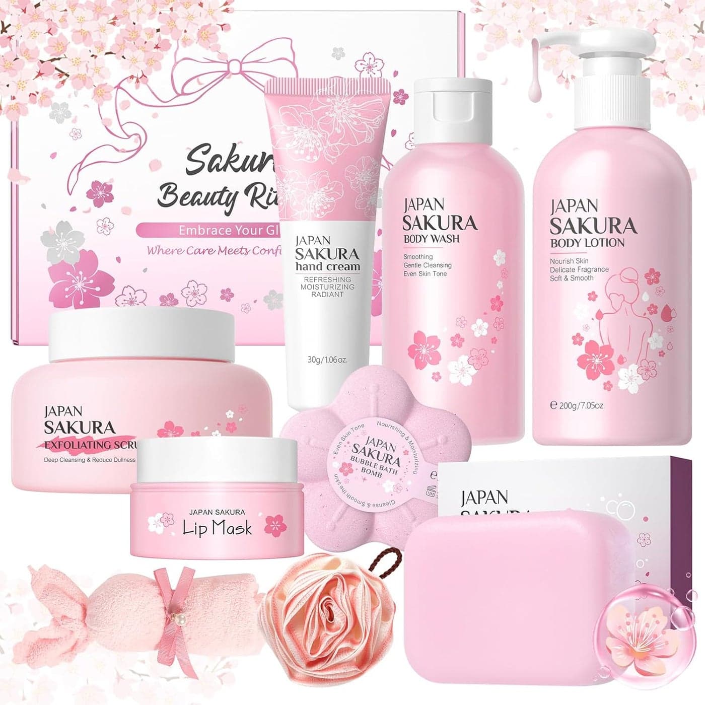 9 Pcs Bath Gift Sets Pamper Gifts for Women Sakura Bath Sets for Women Gifts with Body Wash Lotion Soap Bath Bomb Scrub Hand Cream Lip Mask Home Spa Skincare Gift Set for Mom Teen Girls