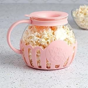 URBANMAC Patented MicroPop Microwave Popcorn Popper with Temperature Safe Glass 3in1 Lid Measures Kernels and Melts Butter Made Without BPA Dishwasher Safe Pink