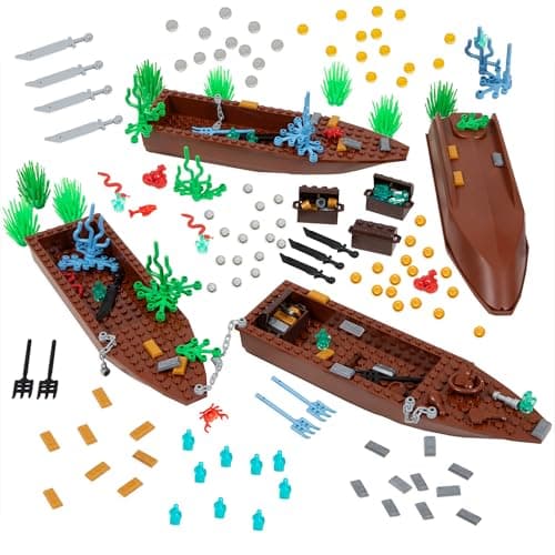 Barcaloo 194 Piece Building Bricks Accessories Kit Pirate Ship Parts Pieces Set with Boats Treasure Weapons Plants Wildlife Parts Building Block Accessory Set Compatible with Major Brands
