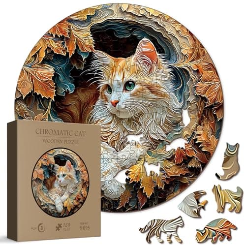 Round Cat Forest Wooden Puzzle for Adults 180 Pieces Fantasy Animal Nature Wood Puzzle for Adults Unique Shape Puzzle 180 Pieces