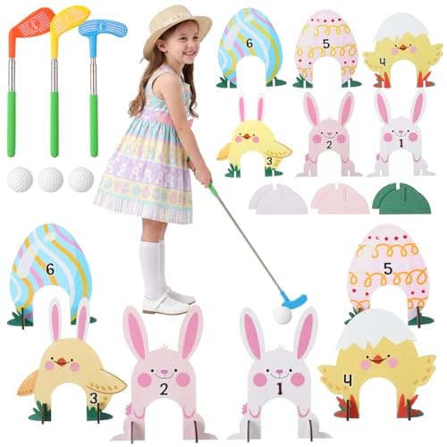 Silipull Easter Games Easter Mini Golf Game Set 6 Bunny Chick Themed Wooden Golf Holes with 3 Extendable Putters and 3 Balls for Fun Indoor Outdoor Family Party Game Supplies
