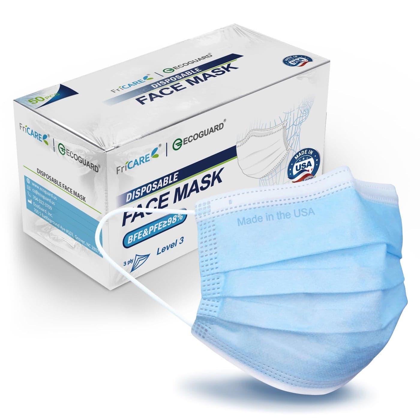 FriCARE Made in USA Disposable Face Masks, 3-Ply ASTM Level 3 Medical Grade, FSA/HSA Eligible, Breathable & Comfortable for Allergy/Sun Protection, 50 Pack Blue