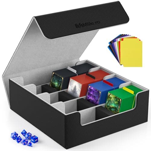 Mlikero Card Deck Case, 2400+ Trading Card Storage Box with 10 Colorful Dividers and 4 Foam Stoppers, Leather Magnetic Closure Commander Deck Box Fit for MTG, TCG (4 Rows, Black&Grey)