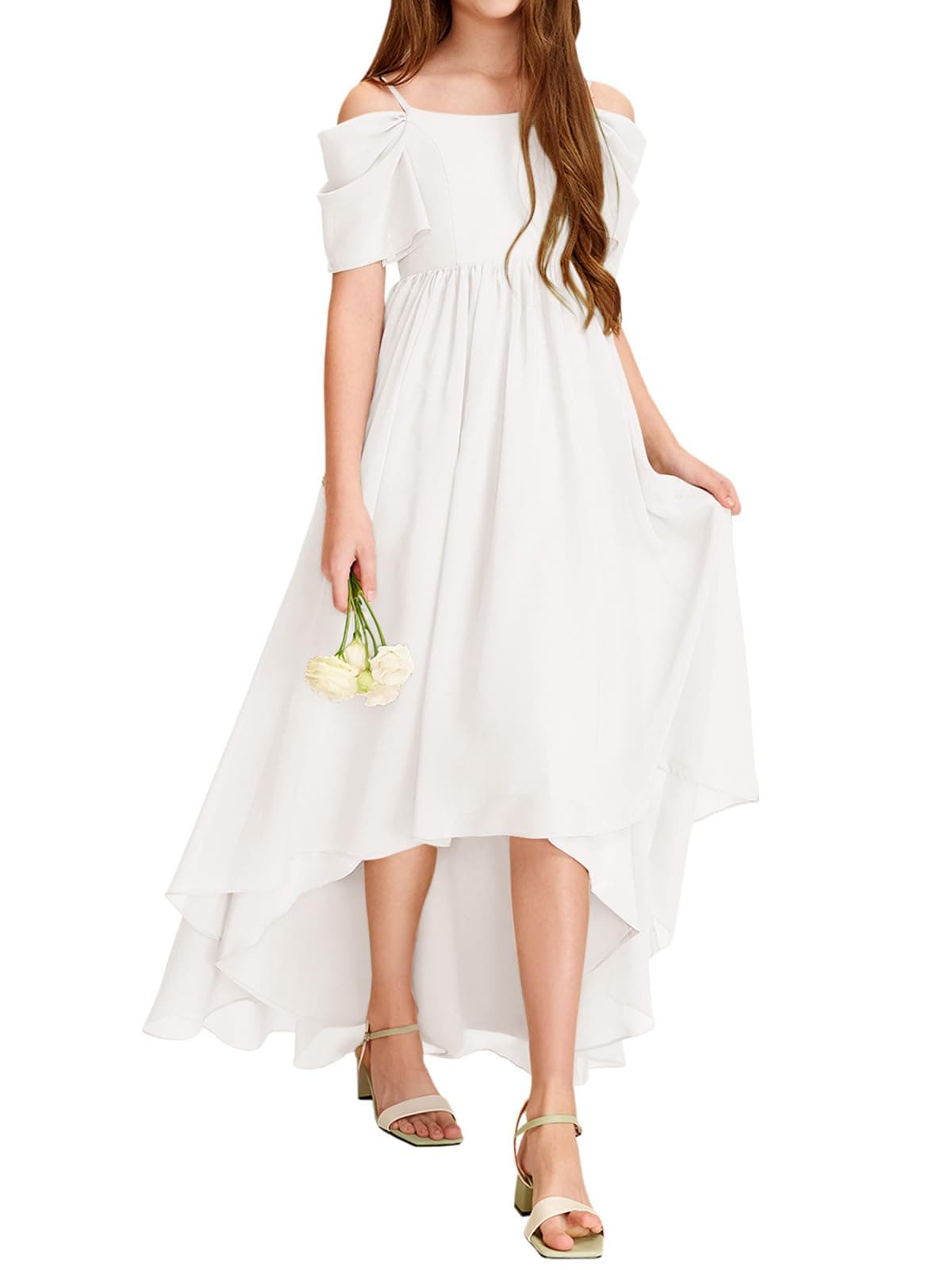 Haloumoning Girls Cold Shoulder Dress Aline Asymmetrical Chiffon Junior Bridesmaid Birthday Party Dress White
