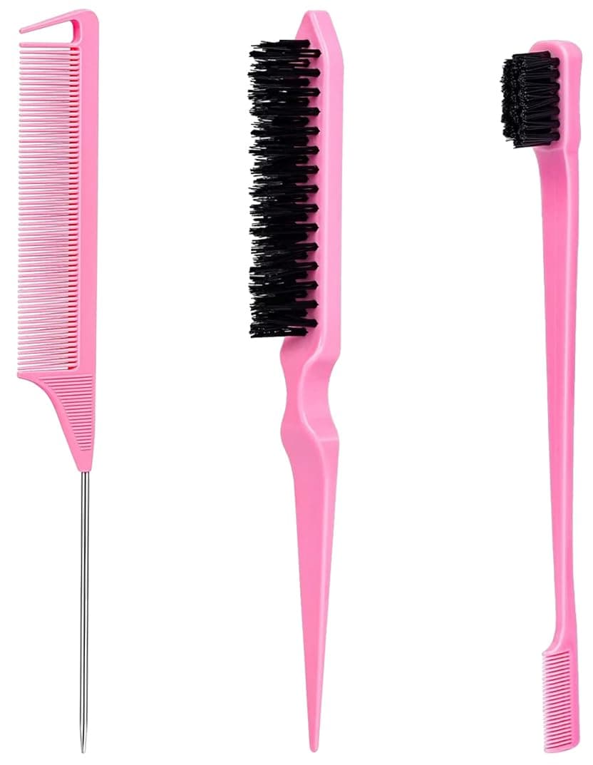Pink Slick Back Hair Brush Rat Tail Comb for Hair Parting Teasing Comb for Enhancing Volume and Fullness Edge Brush for Controlling Flyaways