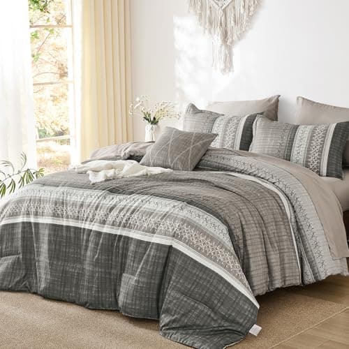 Dintszyayue Taupe Queen Comforter Size Set, 8 Pieces Striped Texture Bed in a Bag Bedding Sets, Lightweight Soft Comforter and Sheet Set, All Season Microfiber Teen Boys Bedding Sets for Men Women