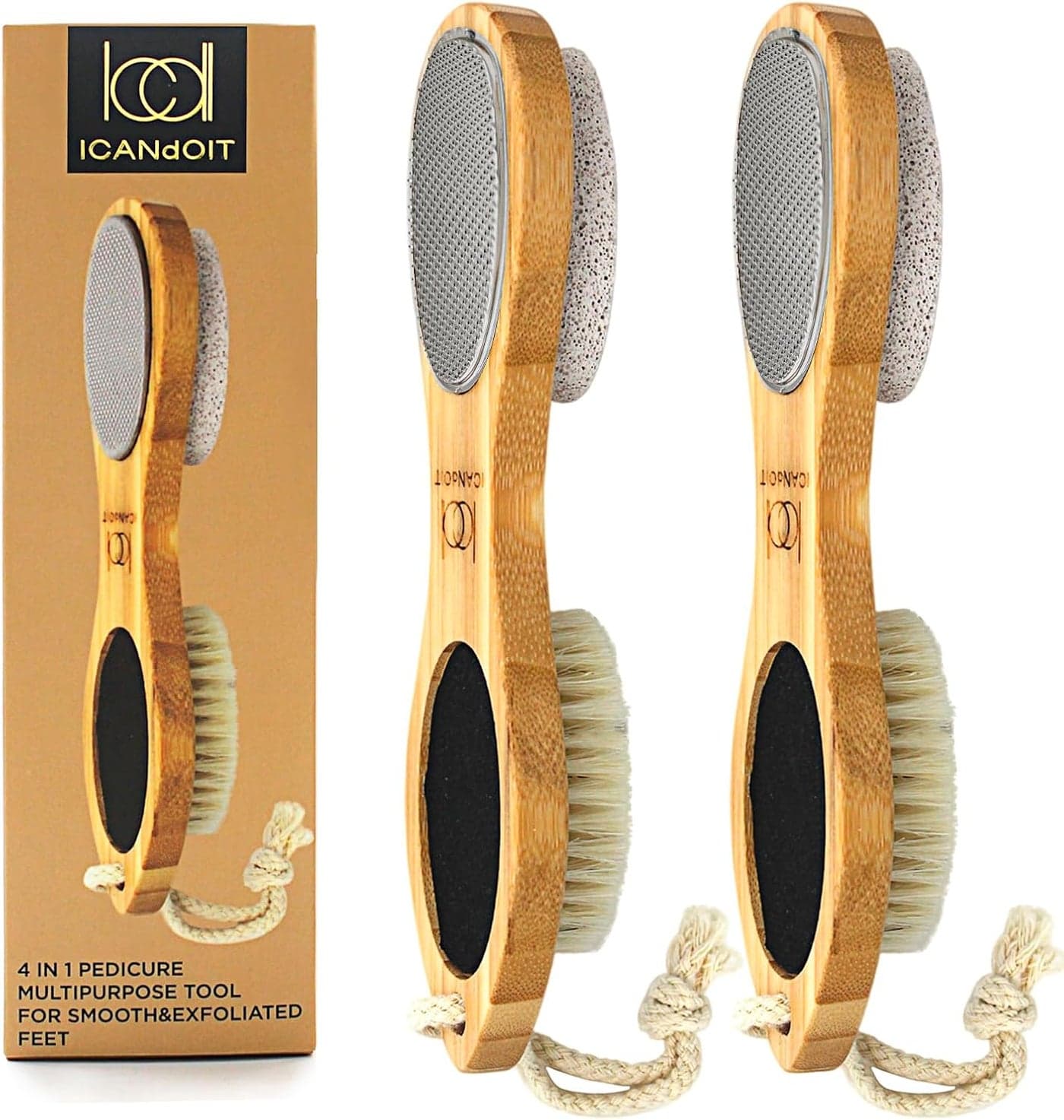 ICANdOIT2 Packs Natural Bamboo Foot File Callus RemoverMulti Purpose 4 in 1 Feet Pedicure Kit with Boar Bristle BrushPumice StoneFoot RaspSand Paper