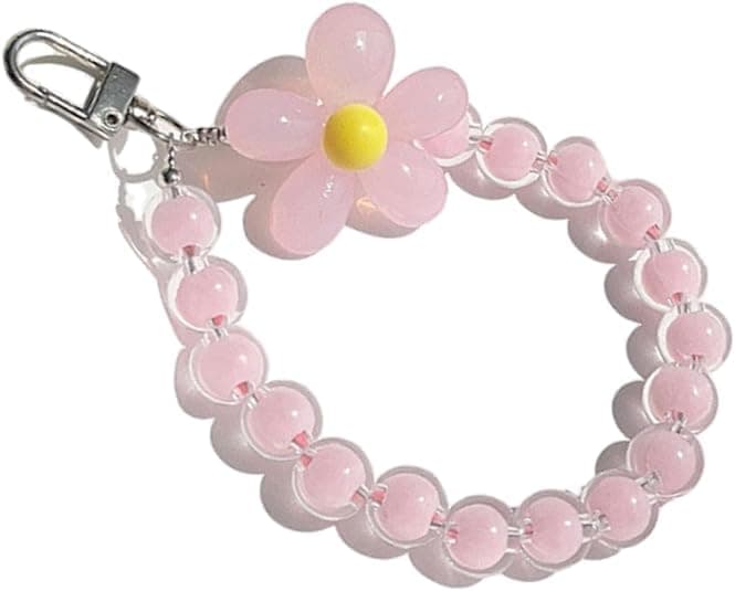 KHOLAD Mobile Phone Strap Pearl Beaded Flower Bracelet Creative Hanging Rope Keychain Anti-Lost Case Lanyard Girl Women's Wrist Strap Charms (Pink)