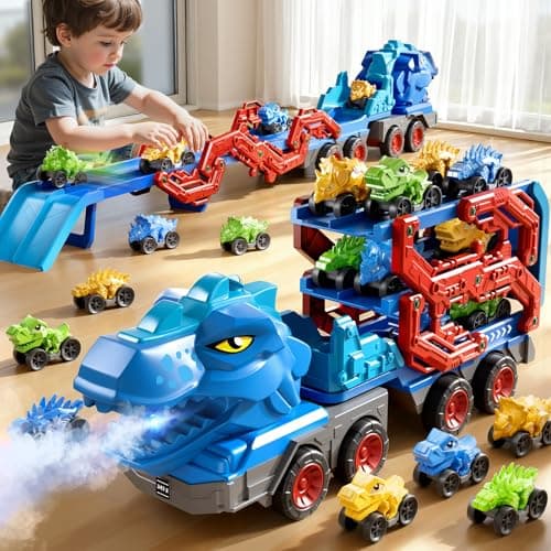 PEADUCK Toddler Car Truck Toys for Kids Ages 35 10in1 Dinosaur Carrier Truck with Foldable Track Toys with Spray Light Sounds and 9 Dino Cars Birthday Gift for 3 4 5 6 7 8 Years Old Boys Girls