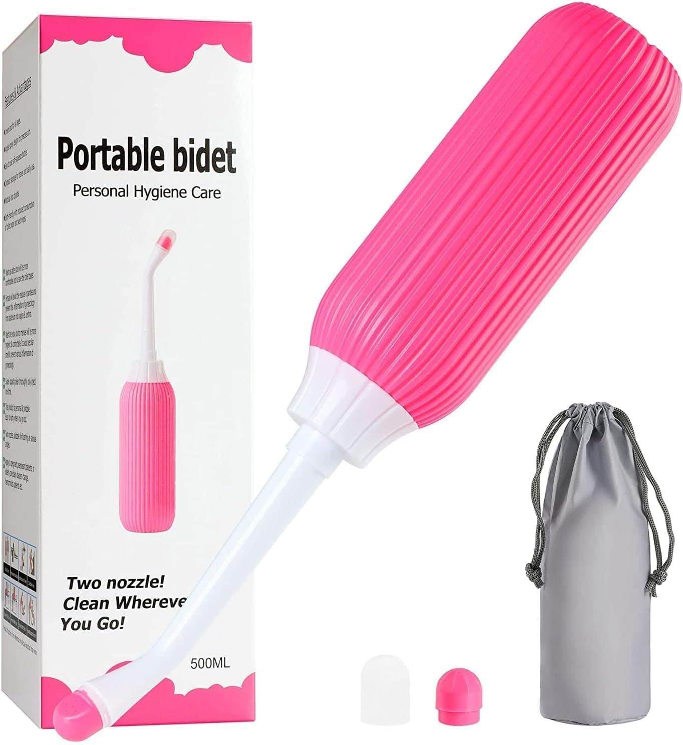 COOFANDY 500ML Bidet Portable, Bidet Spray for Travel with Angled 2 Nozzle, Retractable Handheld Bidet Spray Portable of Anti-Slip, Perineal Clean Childbirth Cleaner Outdoor with Travel Bag (Pink)
