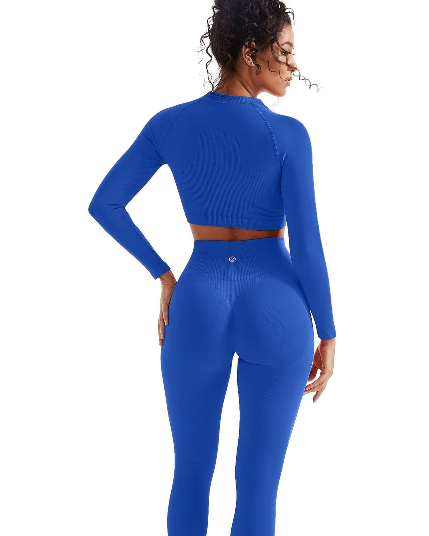 SUUKSESS Women 2 Piece Workout Sets Hidden Scrunch Hip Lifting Seamless Leggings Long Sleeve Yoga Crop Tops High Waisted Yoga Pants Tracksuits (Blue, S)