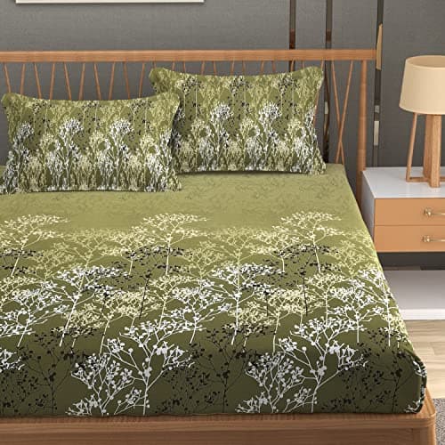 Mafatlal 186 TC Autumn Delight Cotton Bedsheet King Size | 108 x 108 Inches | Lightweight Breathable Summer Comfort | Soft Fabric with 2 Pillow Covers | Garden Green