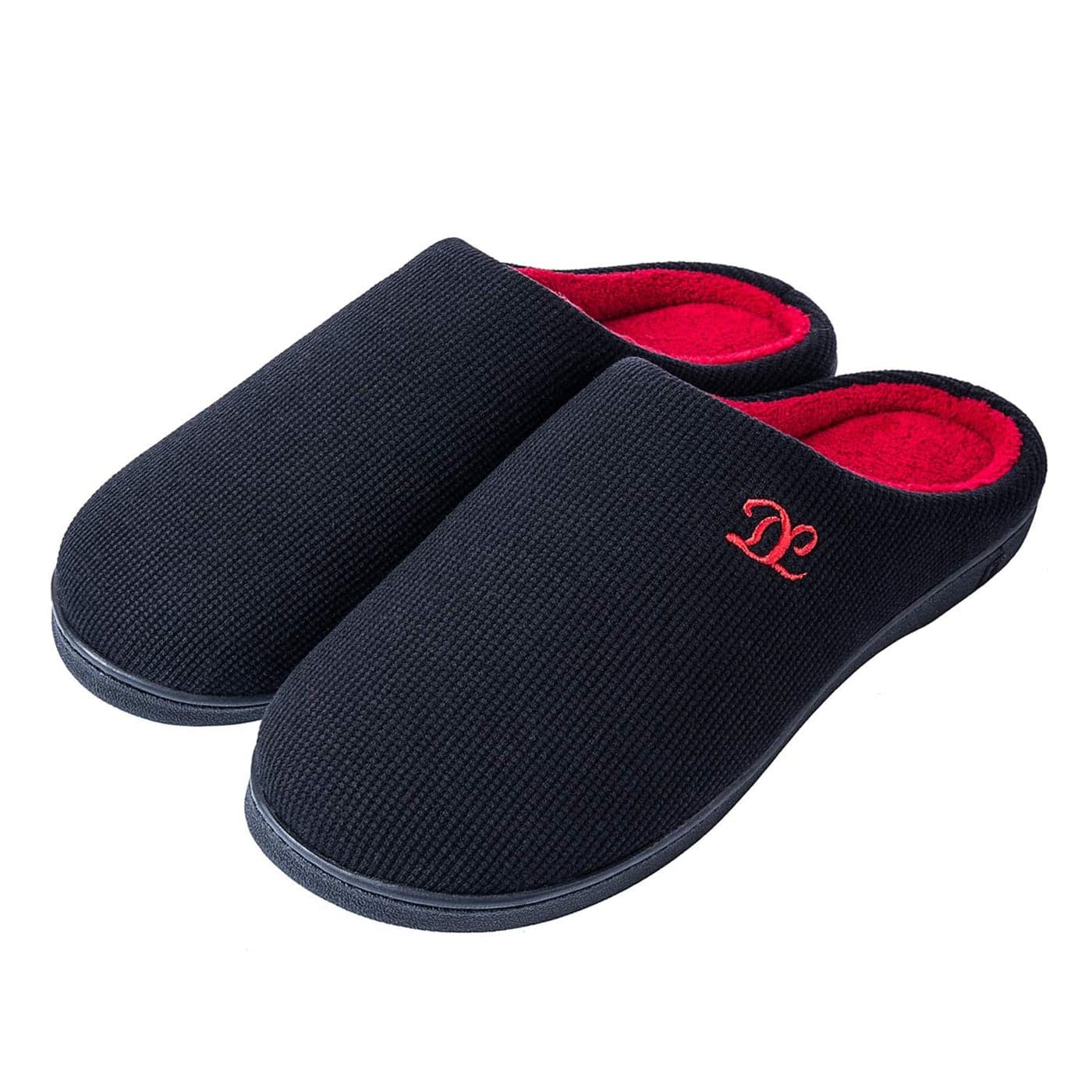 DL Mens-Memory-Foam-Slippers, Slip on Bedroom Slippers for Mens Indoor Outdoor, Men's House Slippers Non-Slip Hard Rubber Sole, Warm Soft Flannel Lining Man Slippers Black and Red size 9-10