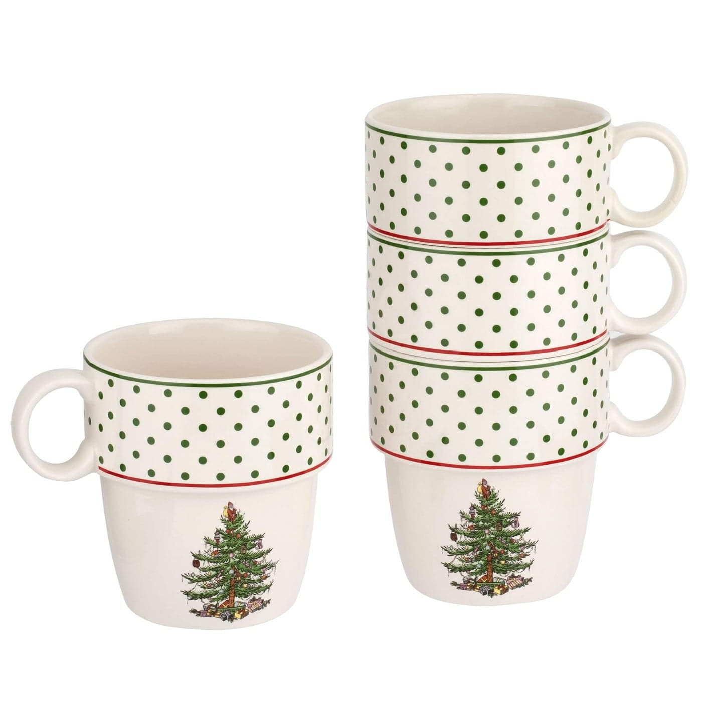 Spode Christmas Tree Polka Dot Stackable Mugs Set of 4 Festive 10oz for Hot Chocolate Coffee SpaceSaving Design Dishwasher Microwave Freezer Safe Fine Earthenware Holiday Mugs