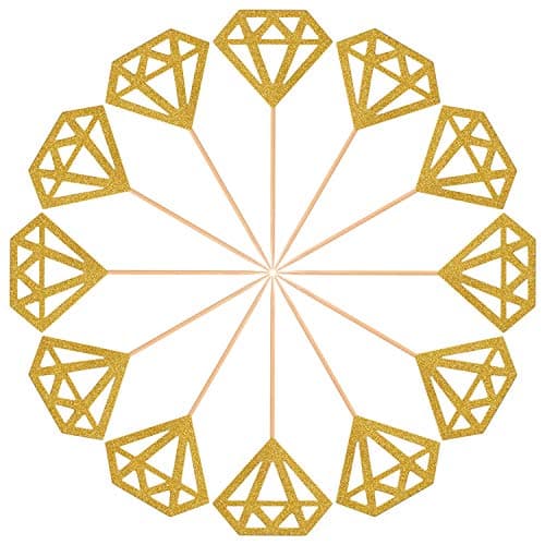 Topoox 50 Pack Gold Glitter Diamond Ring Donut Toppers Cupcake Picks for Bridal Shower Engagement Party Decorations