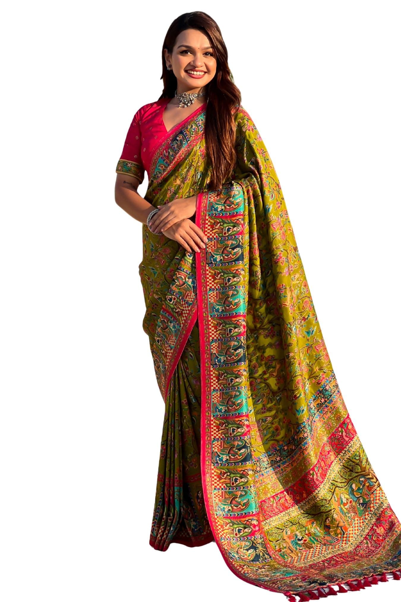 SGF11 Women's Kanjivaram Pure Soft Silk Position Printed Saree With Blouse Piece (Mahendi Green)