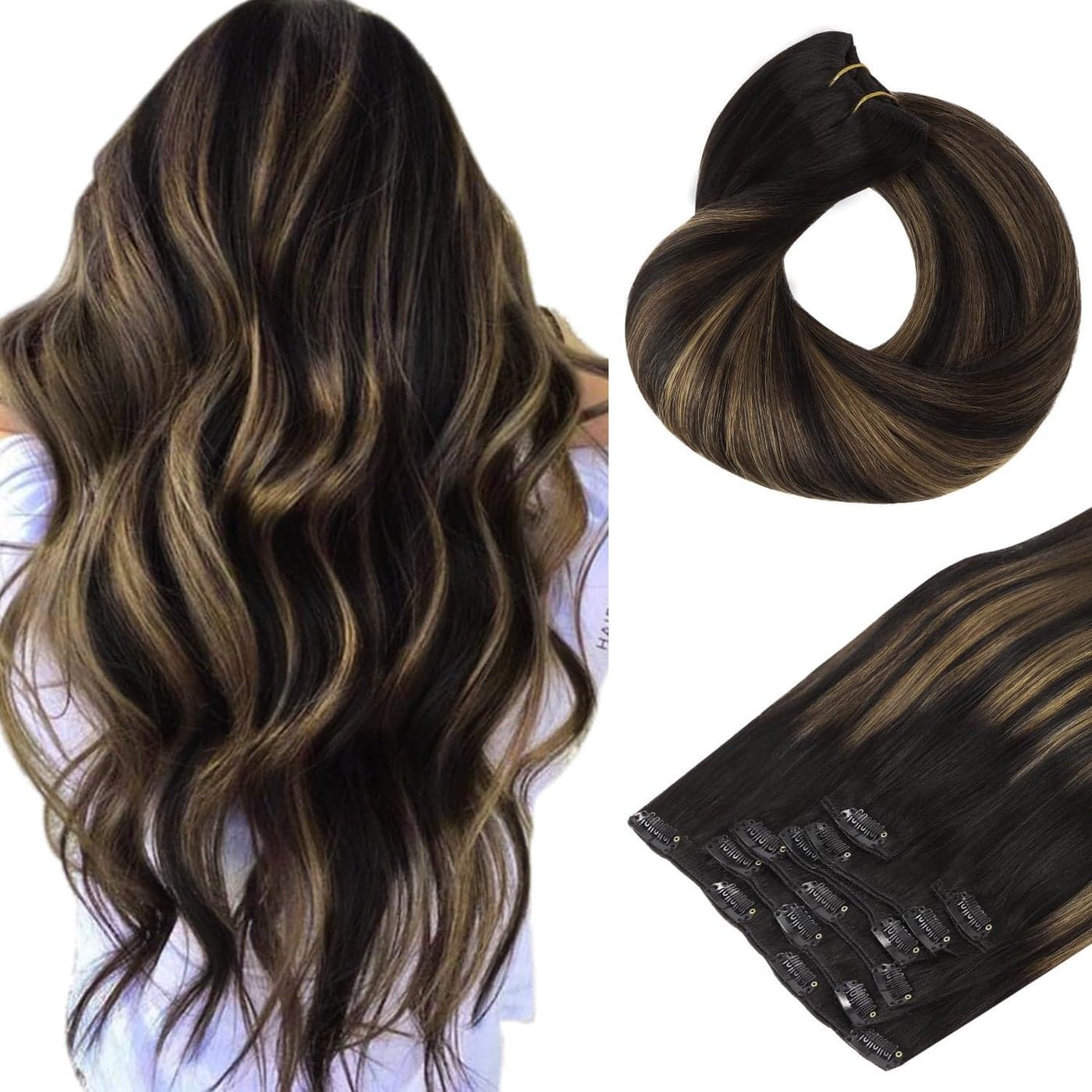 HOTBANANA Human Hair Clip in Hair Extensions Balayage Natural Black to Chestnut Brown 120g Clip in Hair Extensions Real Human Hair Straight Remy Hair Clip Ins Dark Roots Ombre 24 Inch 7pcs