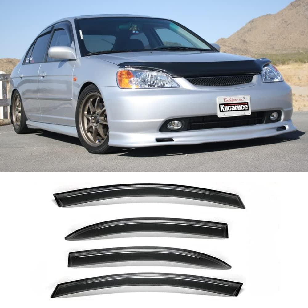 Kucaruce Side Window Visors Wind Vent Deflector fit for 20012005 Honda Civic Sedan4pcs Outside TapOn Shade Dark Smoke Nice Rain Guards 94213