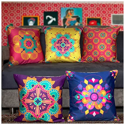 Vendola Decorative Satin Sofa Cushion Covers Set of 5, 24 Inch x 24 Inch, Sofa Pillow Cover, Ethnic Festive, Yellow, Blue & Multicolor, Rangoli Rajasthani Design Zipper Closure (Amber, 24X24 Inches)