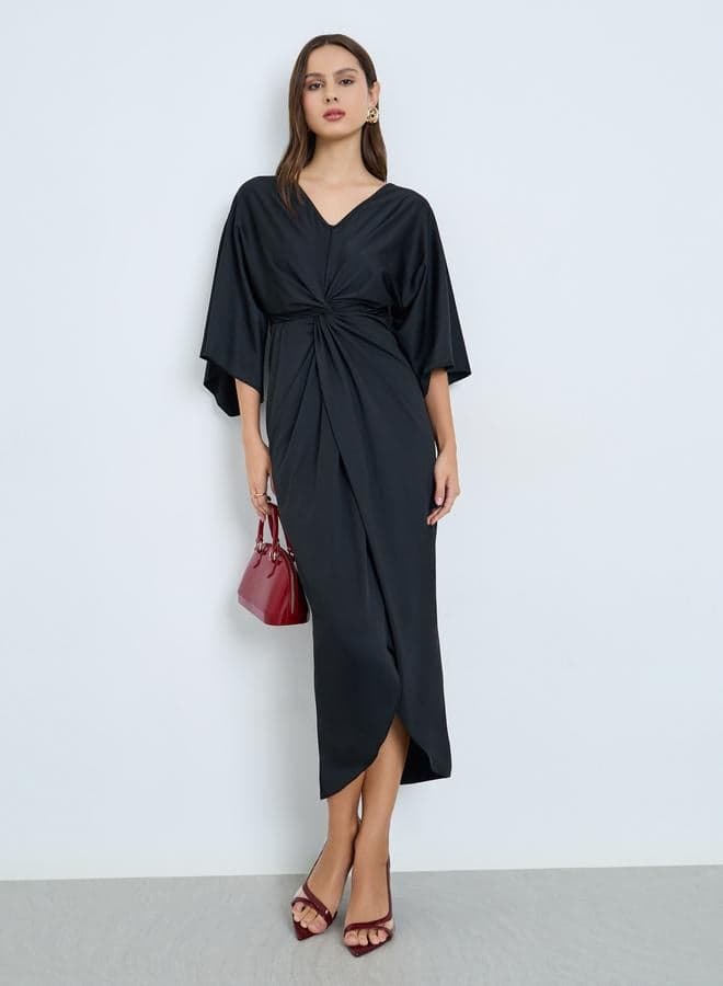 Black Pleated Detail Midi Dress