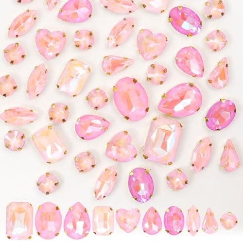 60PCS Sew on Rhinestone Mixed Shapes Glass Rhinestones for Crafts Sew on Crystal Gems Flatback with Gold Claw for DIY Jewelry Making Costumes Clothes Garment Shoes Mocha Pink