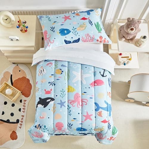 Joyreap 4 Piece Toddler Bedding Set- Ocean Theme Blue Design, Microfiber Toddler Bedding Comforter Set for Kids Boys Girls