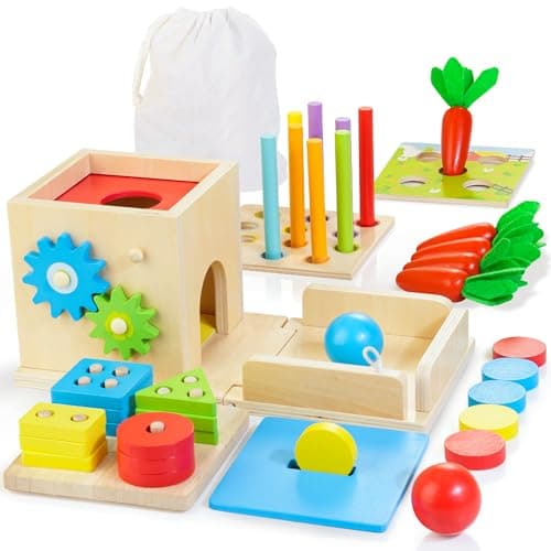 JUSTWOOD Montessori Toys for 1+ Year Old, 8-in-1 Wooden Play Kit Includes Object Permanent Box, Learning Activity Cube, Sorting & Stacking Toy, Carrot Harvest Game, Gift for Boys Girls Age 12+ Months