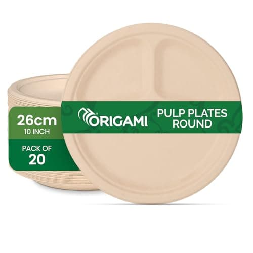 Origami 10 Inches Round Disposable Bagasse Paper Plates | Strong, Eco Friendly & Biodegradable Paper Plates | Perfect for Parties, Picnics & Festive Occasions - Pack of 20 Pcs