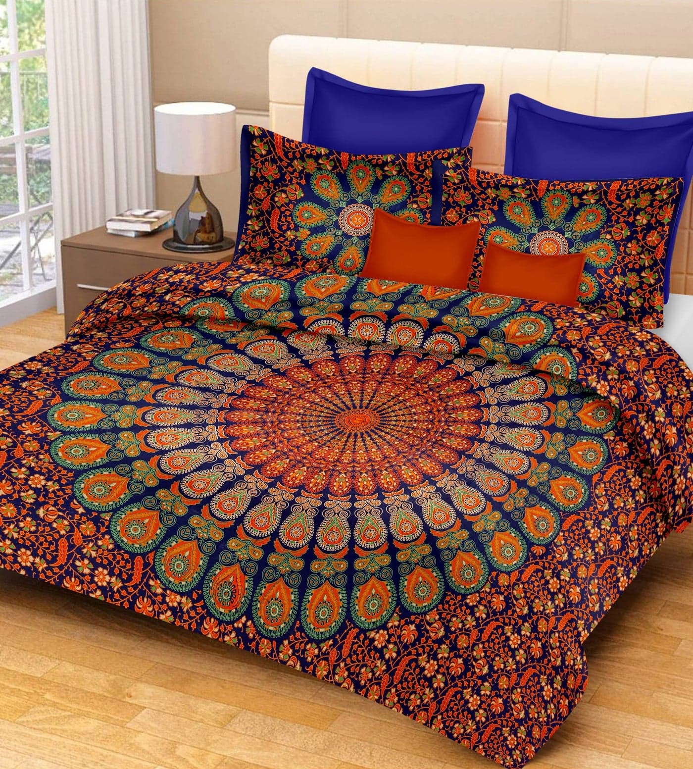 PURE COMFORT 144TC 100% Cotton Mandala Print King Size Double Bedsheet with 2 Pillow Covers- King Size, Orange