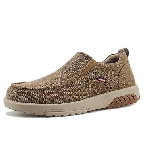 YONGJIA Men's Slip On Loafers with Arch Support Extra Cushioning and Pain Relief Orthopedic Casual Non Slip Walking Boat Shoes with Rubber Sole Brown 43