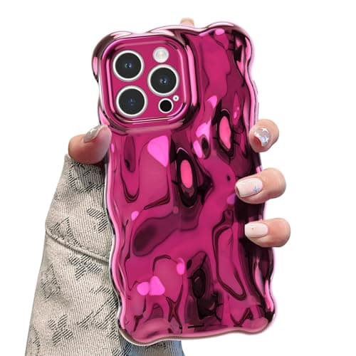 UEEBAI Ripple Case for iPhone 13 Pro Max, Cute Silver Cover Wave Shape for iPhone Case Pretty Aesthetic 3D Phone Cover, Water Ripple Shell 3D Chrome Design for Women and Girl, Silver Hot Pink