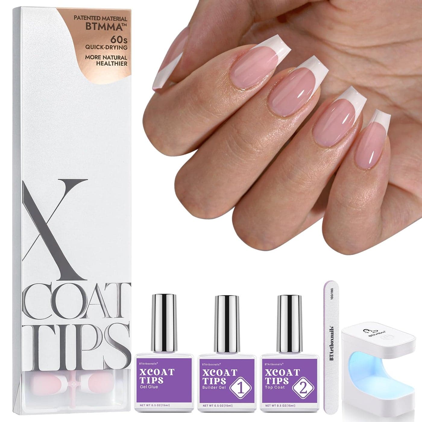 BTArtboxnails XCOATTIPS French Gel Nails Short Coffin Nails Tips with Nail Gel Nail Protecing Duo Nail Lamp All in One Soft Gel French Tip Press on Nails Gel Extension Pink