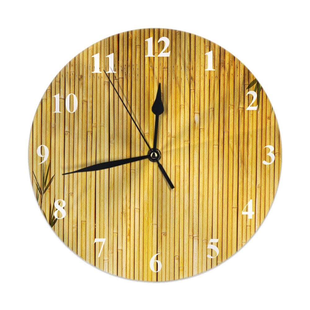 Moslion Bamboo Clock Chinese Japanese Style Bamboos Stripe with Botanical Leaves Branch Plant Wood Round Wall Clock Silent Non Ticking Rustic Home Decor 10 Inch for Kitchen Bathroom Office Yellow
