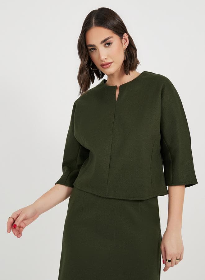 Styli Split Neck Crop Top with 3/4 Sleeves