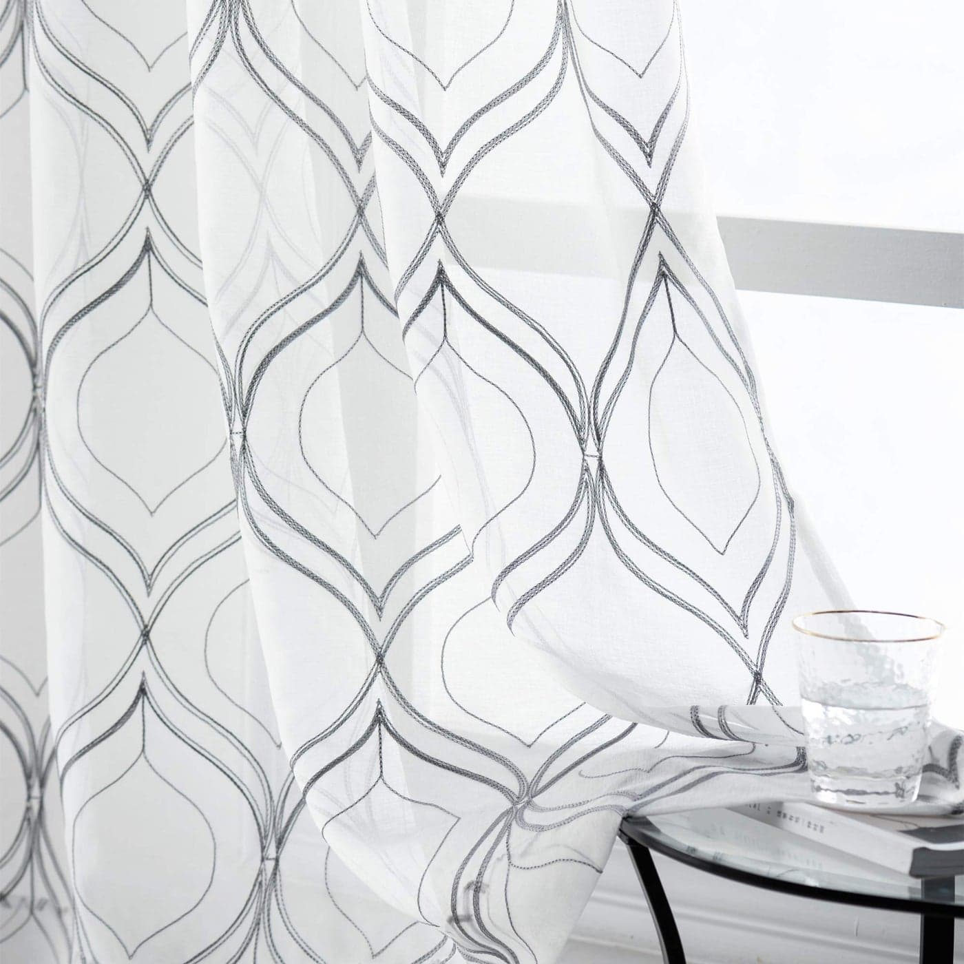 VISIONTEX 2 Pieces Moroccan Trellis Embroiderd White Sheer Curtains European Pattern Style Rod Pocket Voile Tulle Semi Window Treatment Drapes for Bathroom 54 x 72 Grey