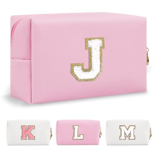 Personalized Initial A-Z Preppy Patch Makeup Bag,Small PU Chenille Letter Cosmetic Bag with Zipper for Teen Girls,Pink Cute Toiletry Organizer Bag,Monogram Makeup Case Gift for Women Girls,Letter J