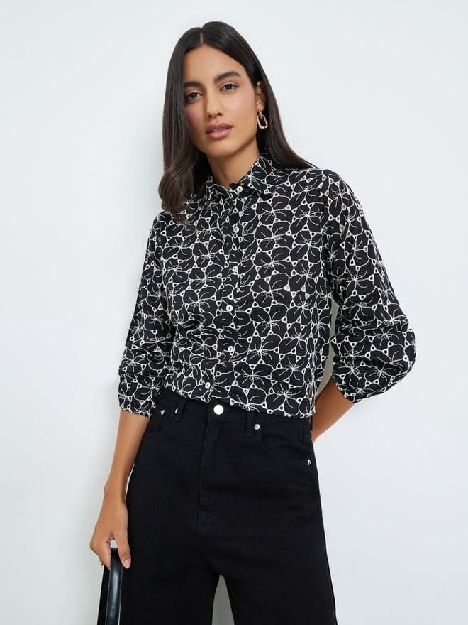 Styli Black Embroidered Relaxed Fit Shirt
