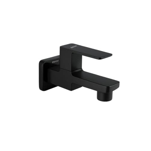 ENICET Brass Tap for Bathroom, with Wall Flange,Brass Bib Cock Short Body, Made Black, 7 Years Warranty, Foam Flow, Bathroom Taps for Home, Water Tap Wall Mounted (QGS101 Black)