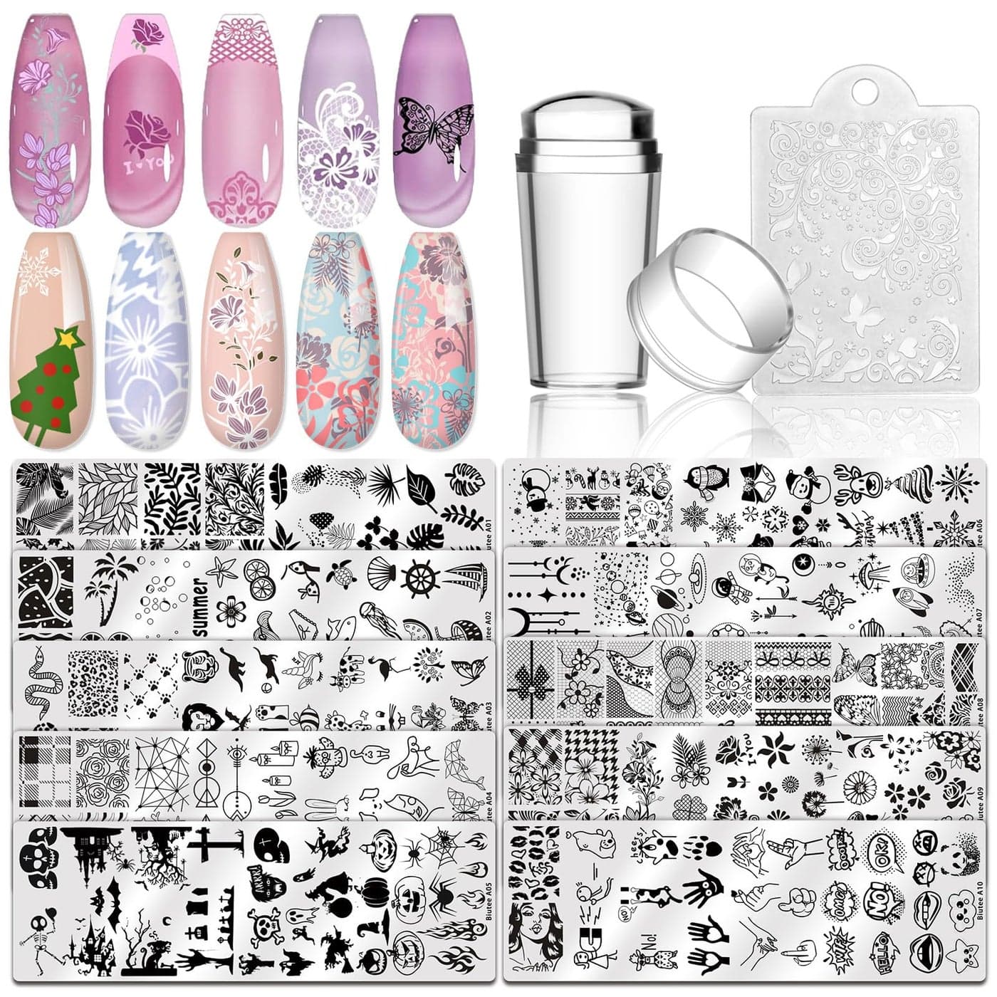 Biutee Nail Stamping Plates Set 10 pcs Nail Art Stamper Scraper Nail Stamp Plates Kit Nail Art Plate Template Lace Flower Butterfly Star Rose Design Nail Art Accessories