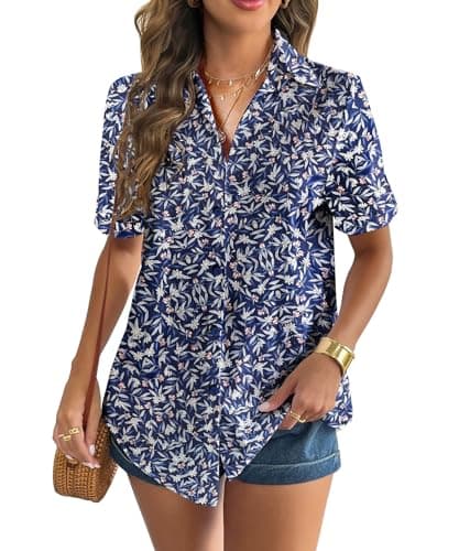 Zeagoo Women Collared Hawaii Button Down Shirt Short Sleeve Linen Cotton Blouses for Women Summer Beach Vacation Tropical Navy