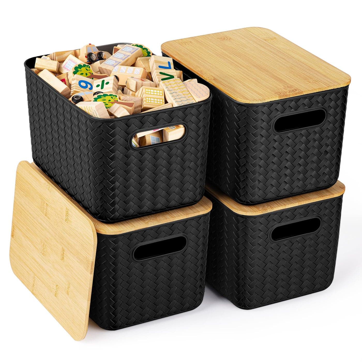 Ohmlove 4 Packs Storage Bins with Bamboo Lids Plastic Storage Containers with Lids Stackable Storage Box Storages Baskets for Organizing Desktop Closet Playroom Classroom Office Black