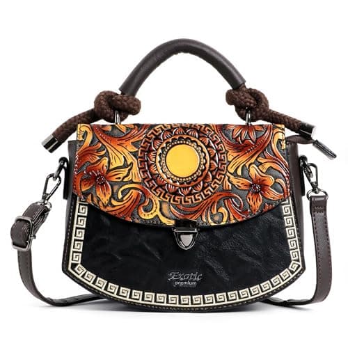 EXOTIC Premium® Satchel Vintage Retro embossed Floral Sling Bag for Women (BLACK)