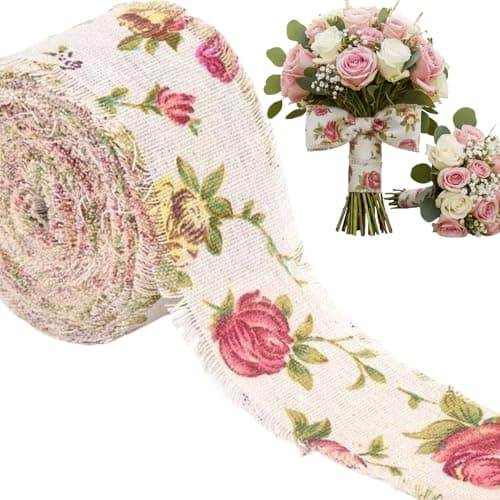 WQAPVHBG Rose Printed Burlap Ribbon for Flower Bouquet Fabric Ribbon for Gift Wrapping Jute Ribbon for DIY Decoration 328ft Long x 20in Wide