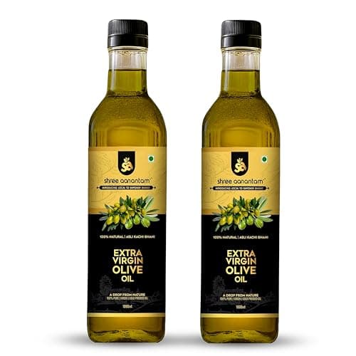 Shree Aanantam Extra Virgin Olive Oil - 1 Litre x 2 | Cold Pressed Pure Olive Oil for Cooking, Salads & Dressing | Rich in Antioxidants | Ideal For low heat cooking like sauteing & grilling